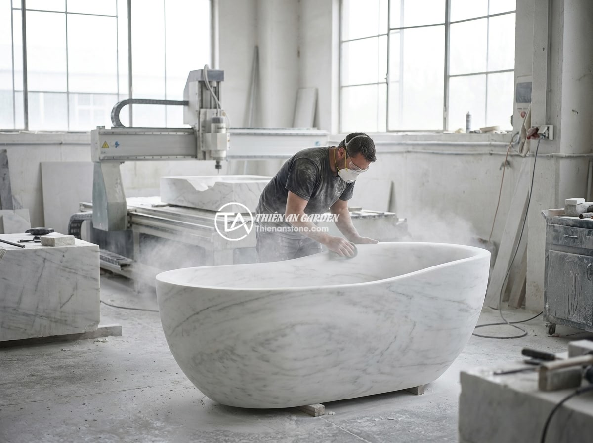 FAQ Bồn Tắm Đá Tự Nhiên: 15 Câu Hỏi Thường Gặp Và Giải Đáp Chi Tiết - Hình 8 FAQ Bồn Tắm Đá Tự Nhiên: 15 Câu Hỏi Thường Gặp Và Giải Đáp Chi Tiết - A stone workshop showing craftsmen carving and polishing a large natural stone b