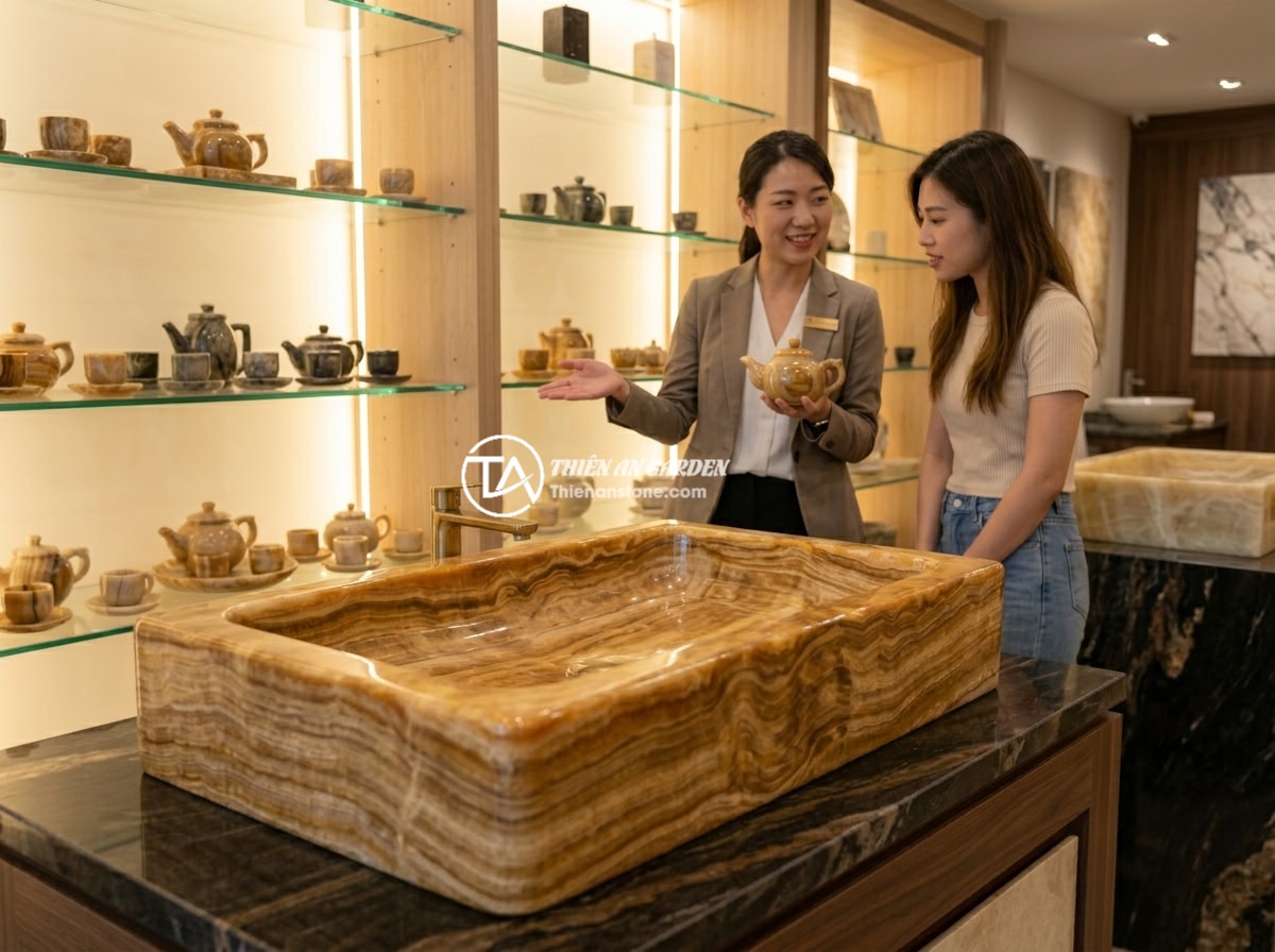 Giá bộ ấm chén bằng đá 2026 - Bảng giá cập nhật theo chất liệu đá - An elegant showroom displaying various natural stone tea sets on illuminated gla