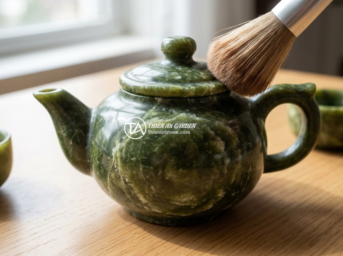 Giá bộ ấm chén bằng đá 2026 - Bảng giá cập nhật theo chất liệu đá - A step-by-step visual guide showing proper cleaning and care of a natural stone 