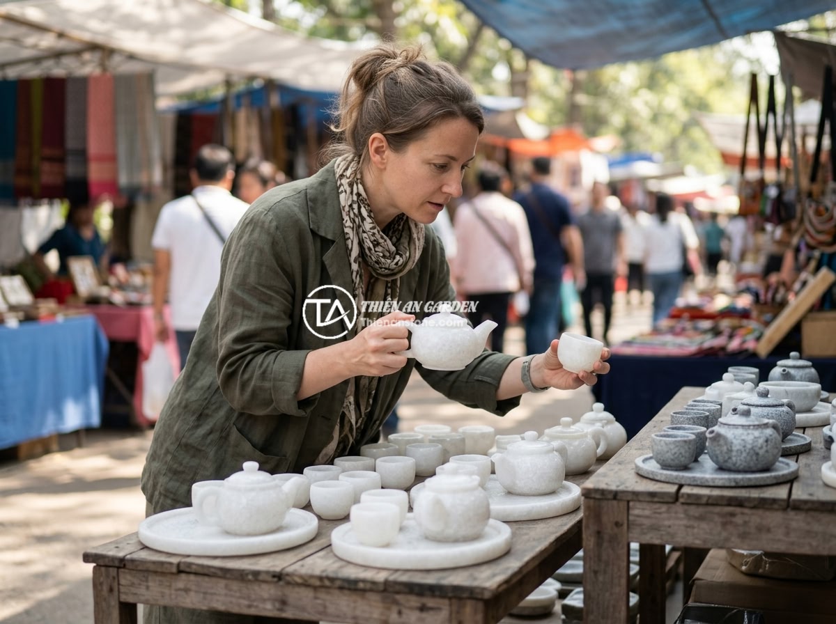 Giá bộ ấm chén bằng đá 2026 - Bảng giá cập nhật theo chất liệu đá - FAQ concept image showing a curious customer examining different stone tea sets 