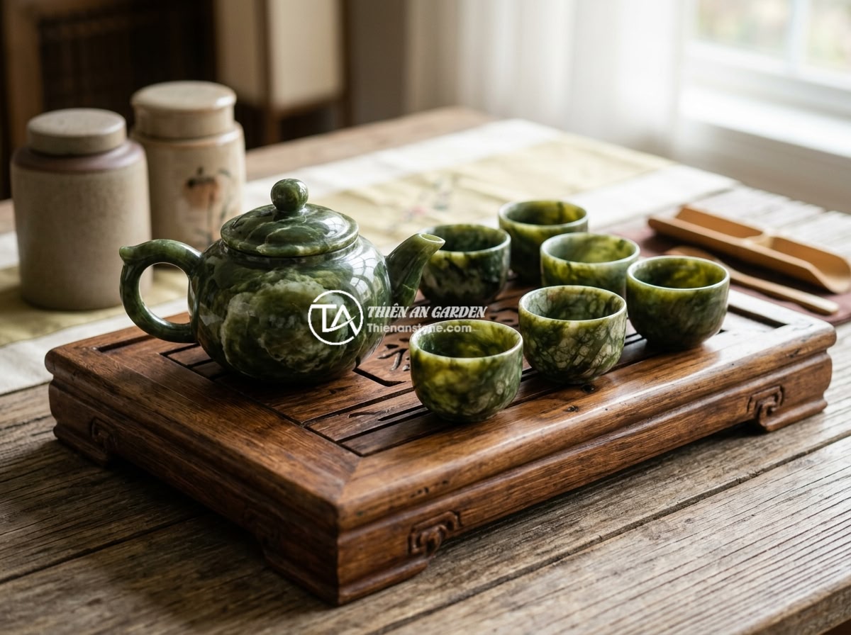Giá bộ ấm chén đá ngọc năm 2026 và các yếu tố ảnh hưởng đến giá thành - A luxurious jade tea set displayed on a traditional wooden tea tray, featuring a