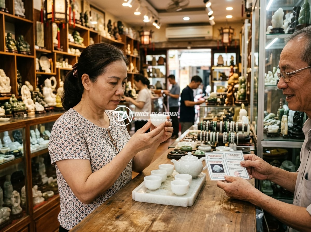 Giá bộ ấm chén đá ngọc năm 2026 và các yếu tố ảnh hưởng đến giá thành - A customer carefully inspecting a jade tea set at a Vietnamese stone craft shop,