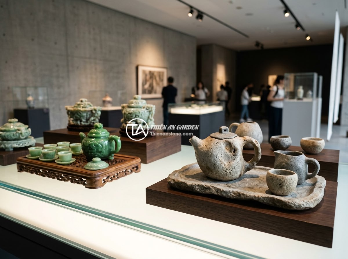 Giá bộ ấm chén đá ngọc năm 2026 và các yếu tố ảnh hưởng đến giá thành - A futuristic display of modern minimalist jade tea sets alongside traditional or