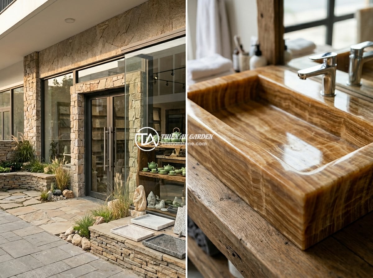 Giá bộ ấm chén đá ngọc năm 2026 và các yếu tố ảnh hưởng đến giá thành - The Thien An Stone showroom entrance with a beautiful display of jade tea sets, 