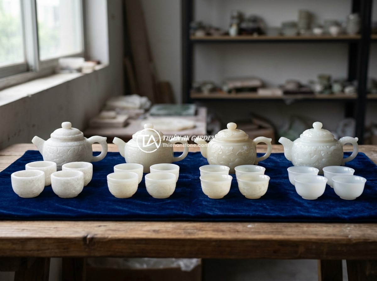 Giá bộ ấm chén đá ngọc năm 2026 và các yếu tố ảnh hưởng đến giá thành - A comparison display of four jade tea sets from different price segments arrange