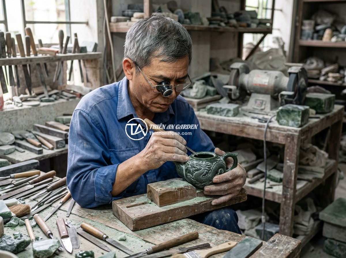 Giá bộ ấm chén đá ngọc năm 2026 và các yếu tố ảnh hưởng đến giá thành - A skilled Vietnamese artisan carefully hand-carving intricate dragon pattern on 