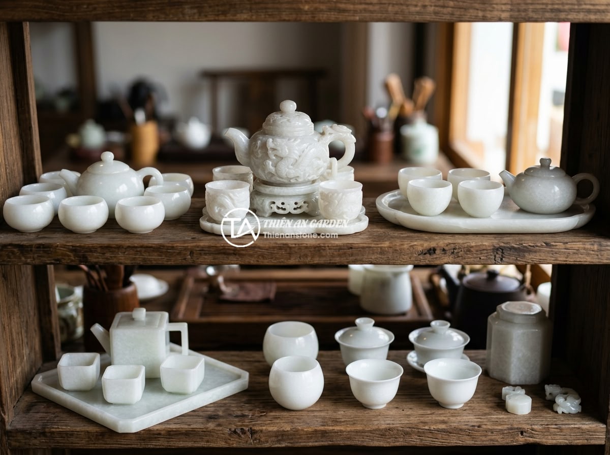 Giá bộ ấm chén đá ngọc năm 2026 và các yếu tố ảnh hưởng đến giá thành - Multiple jade tea sets in different shapes and sizes displayed on a wooden shelf