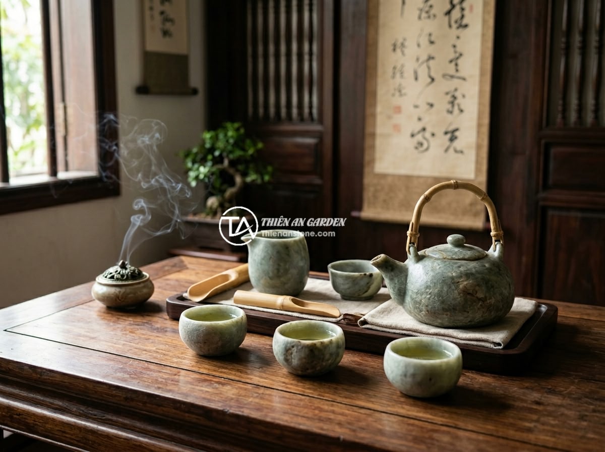 Giá bộ ấm chén đá ngọc năm 2026 và các yếu tố ảnh hưởng đến giá thành - An elegant jade tea ceremony setup in a traditional Vietnamese living room, with