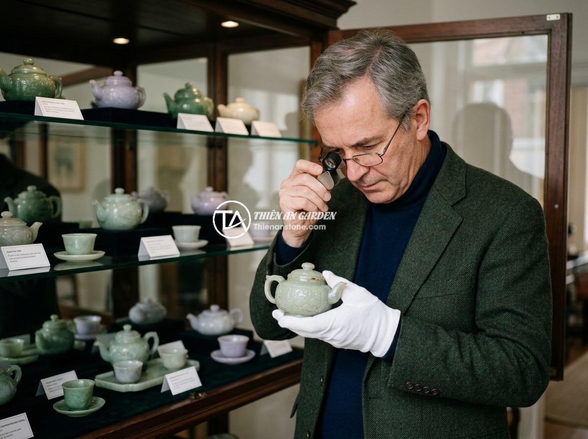 Giá bộ ấm chén đá ngọc năm 2026 và các yếu tố ảnh hưởng đến giá thành - A collector carefully examining a vintage jade teapot with a jeweler's loupe, su
