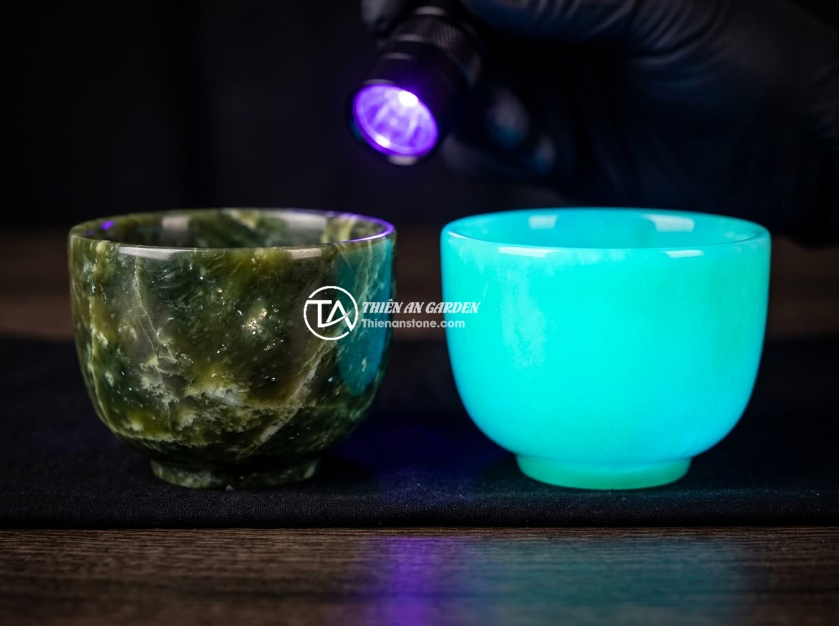 Giá bộ ấm chén đá ngọc năm 2026 và các yếu tố ảnh hưởng đến giá thành - Side by side comparison of genuine natural jade tea cups and fake dyed jade tea 