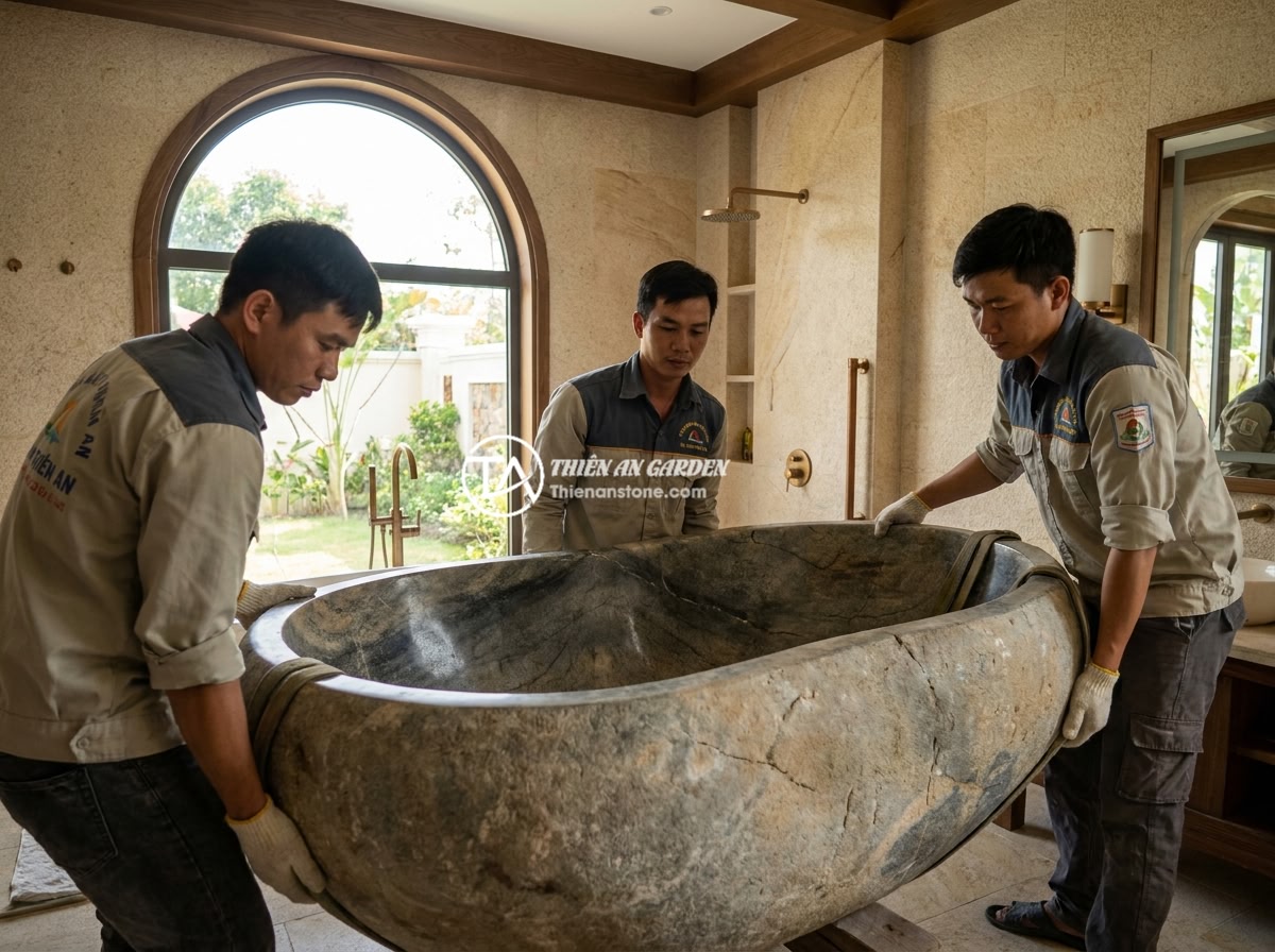 Giá Bồn Tắm Đá Tự Nhiên 2026: Bảng Báo Giá Chi Tiết Các Loại Phổ Biến - Hình 12 Giá Bồn Tắm Đá Tự Nhiên 2026: Bảng Báo Giá Chi Tiết Các Loại Phổ Biến - Professional team from Da Canh Thien An stone company installing a large marble