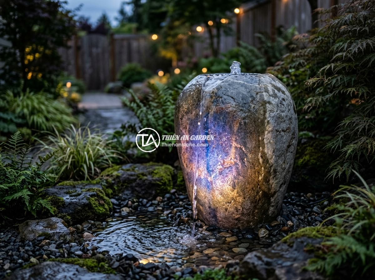 Giá chum đá phong thủy 2026 - Bảng giá mới nhất theo kích thước và loại đá - A modern feng shui stone jar with integrated color-changing LED lighting inside,