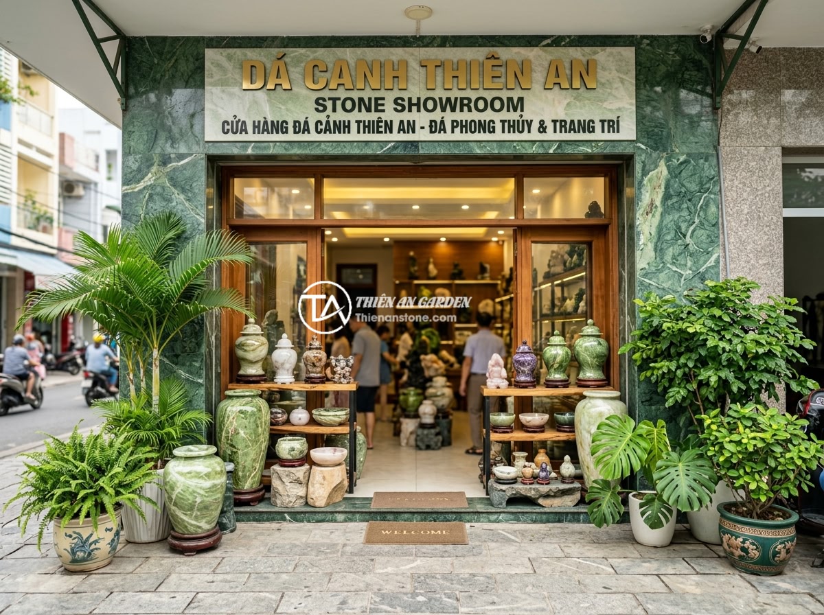Giá chum đá phong thủy 2026 - Bảng giá mới nhất theo kích thước và loại đá - The entrance of Da Canh Thien An stone showroom displaying a variety of beautifu