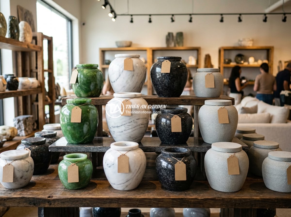 Giá chum đá phong thủy 2026 - Bảng giá mới nhất theo kích thước và loại đá - A collection of different-sized feng shui stone jars made from various natural s