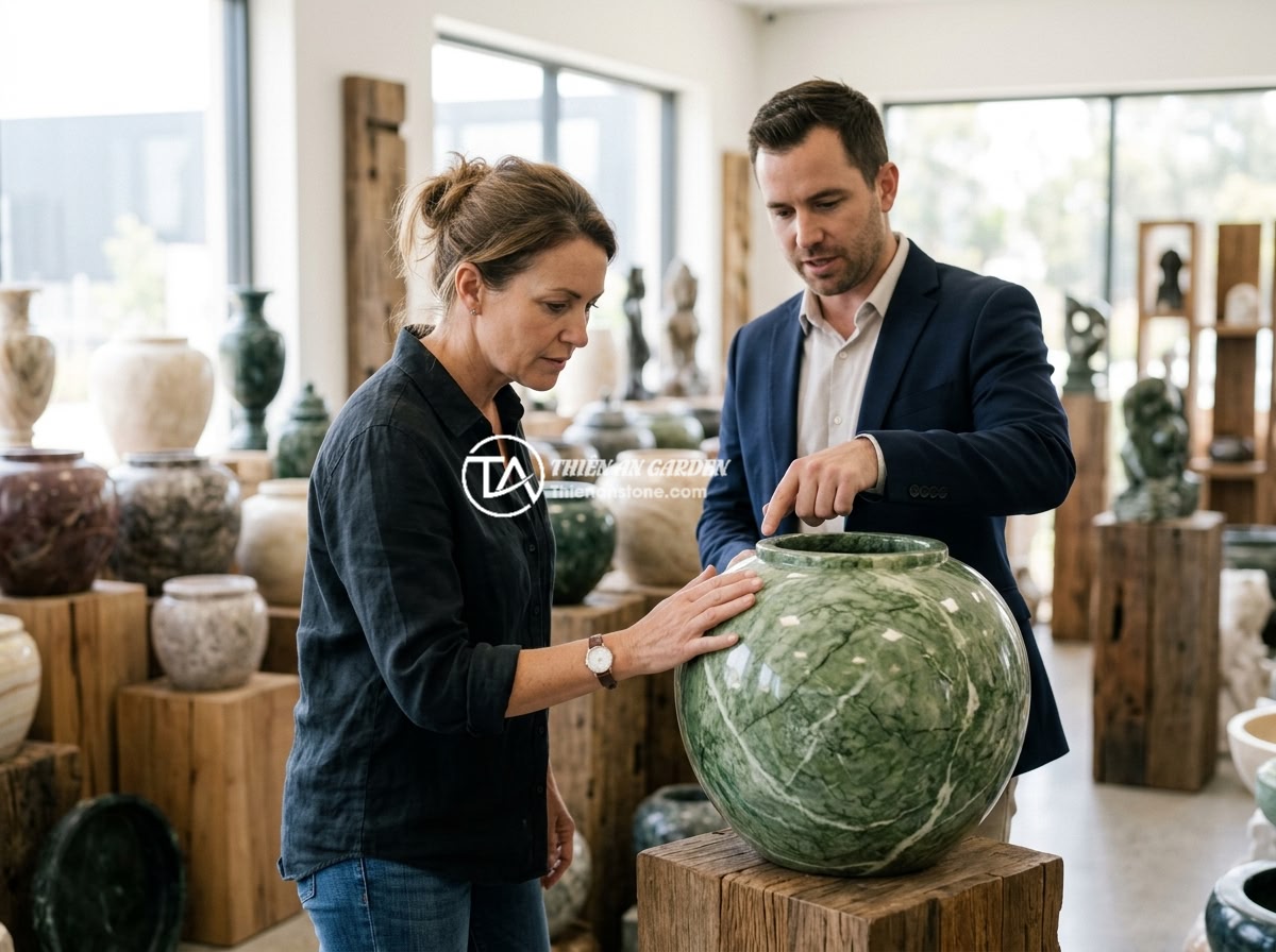 Giá chum đá phong thủy 2026 - Bảng giá mới nhất theo kích thước và loại đá - A customer carefully inspecting a large feng shui stone jar at a professional st