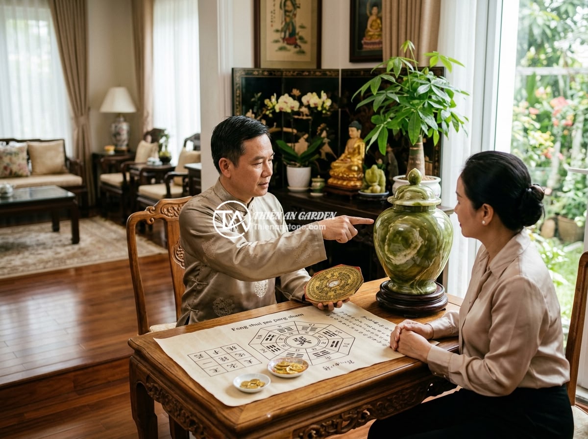 Giá chum đá phong thủy 2026 - Bảng giá mới nhất theo kích thước và loại đá - A feng shui expert demonstrating the ideal placement of a stone jar in the wealt