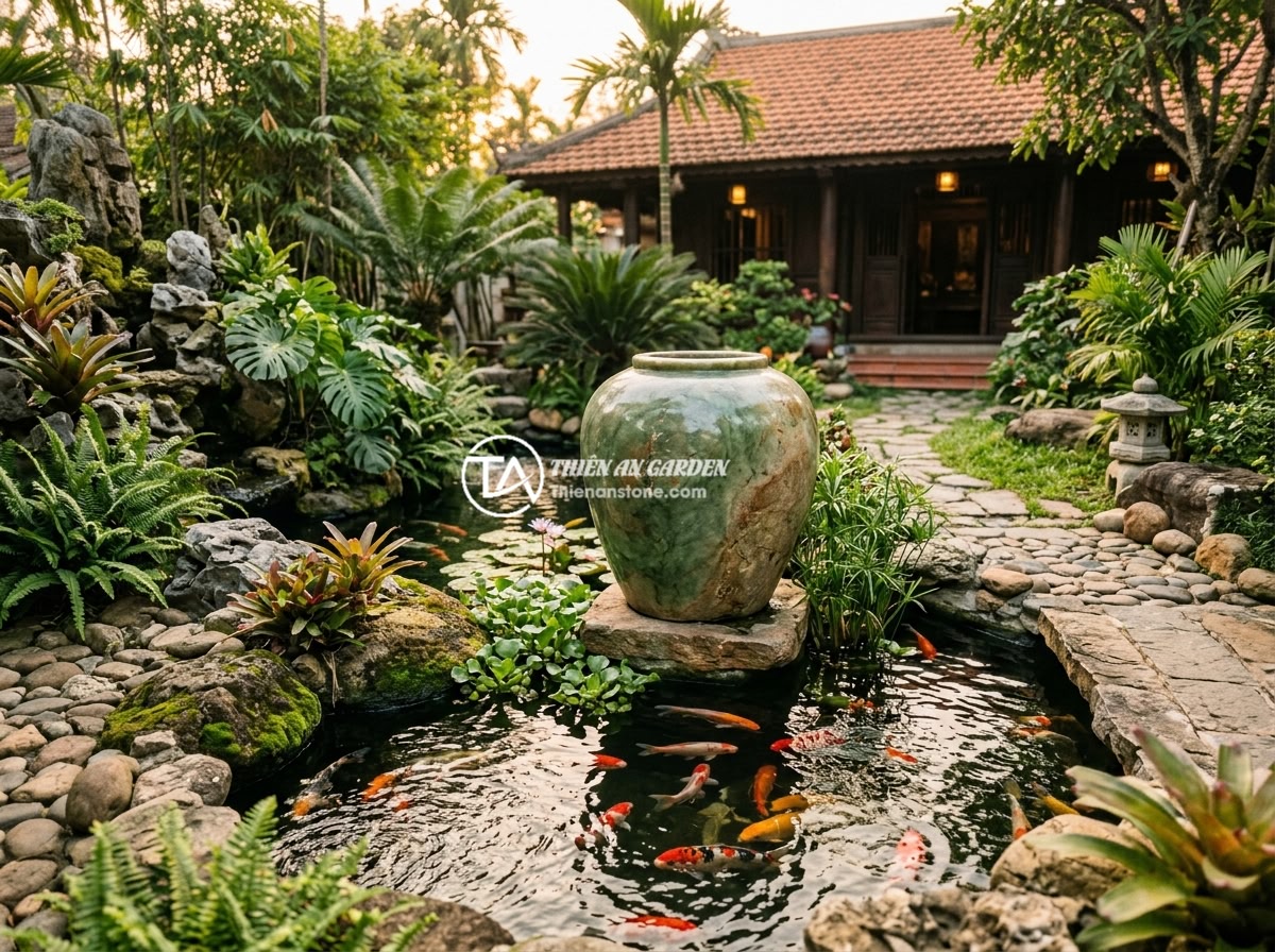 Giá chum đá phong thủy 2026 - Bảng giá mới nhất theo kích thước và loại đá - A beautifully designed Vietnamese villa garden featuring a large green jade feng