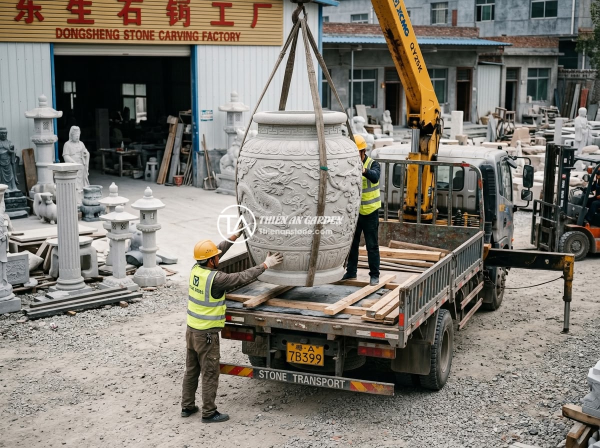 Giá chum đá phong thủy 2026 - Bảng giá mới nhất theo kích thước và loại đá - A completed custom-ordered large feng shui stone jar being carefully loaded onto