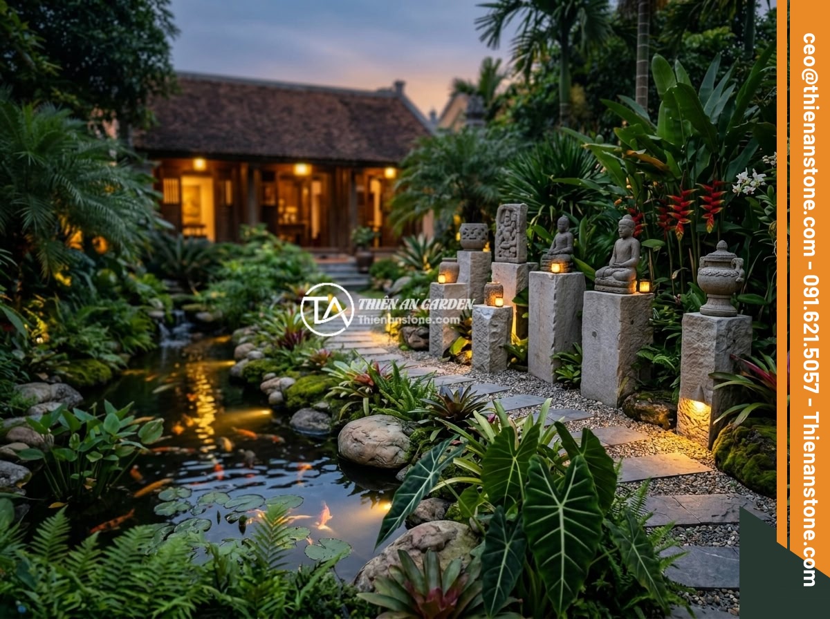 Giá đôn đá tự nhiên bao nhiêu tiền? Bảng báo giá cập nhật chi tiết 2026 - A stunning Vietnamese villa garden landscape featuring multiple natural stone pe