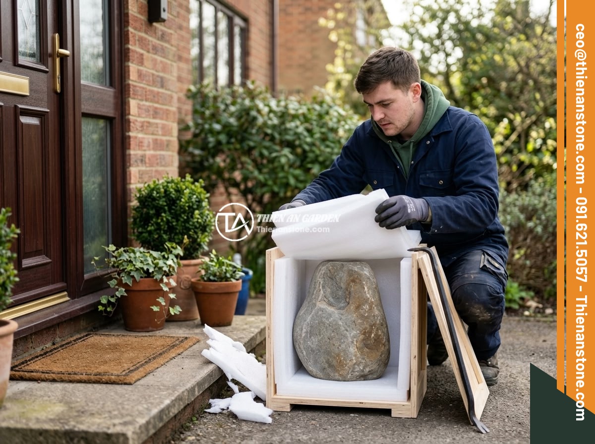 Giá đôn đá tự nhiên bao nhiêu tiền? Bảng báo giá cập nhật chi tiết 2026 - A delivery person carefully unboxing and inspecting a well-packaged natural ston