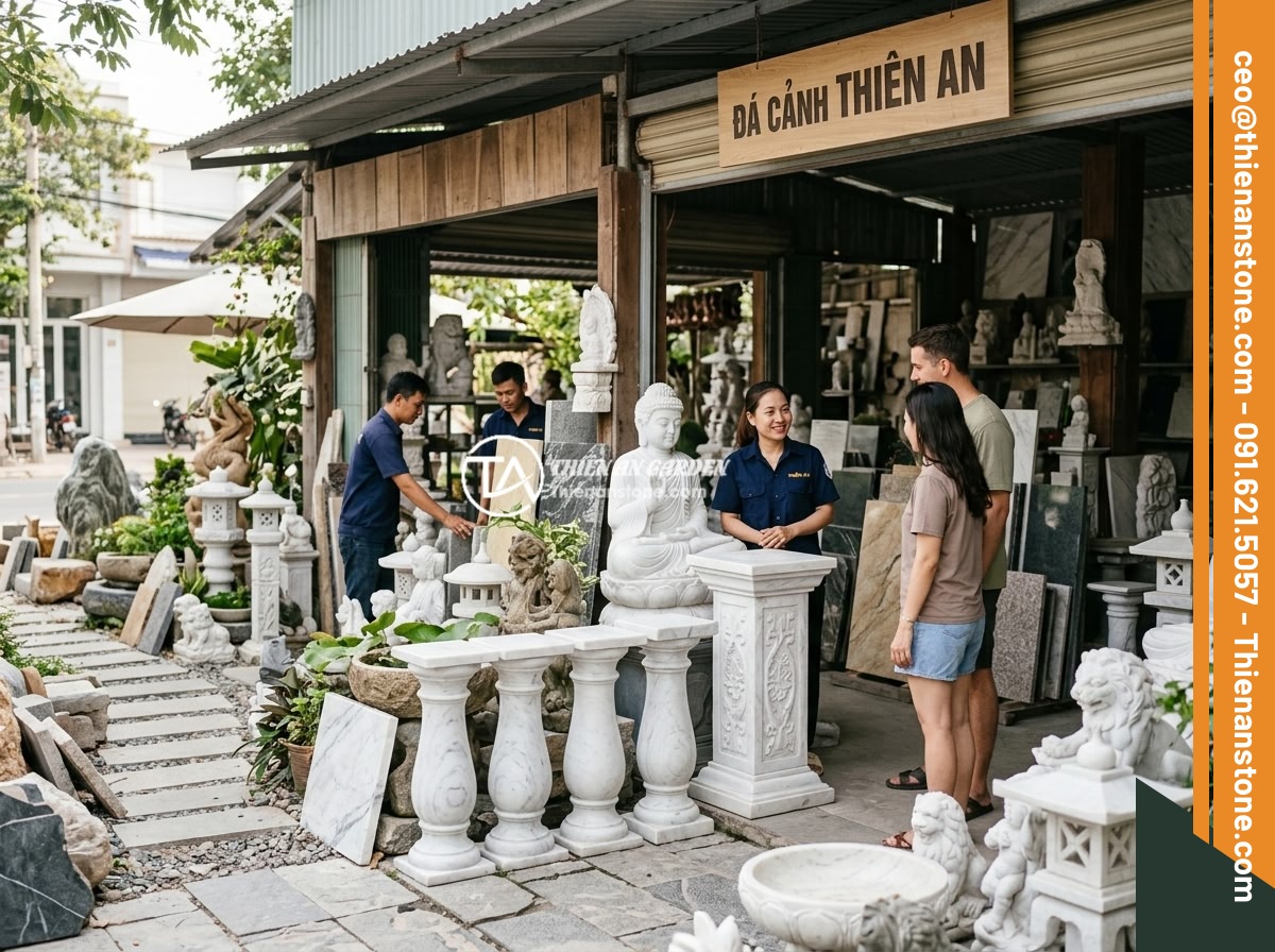 Giá đôn đá tự nhiên bao nhiêu tiền? Bảng báo giá cập nhật chi tiết 2026 - The exterior and showroom of Da Canh Thien An stone shop displaying a wide varie