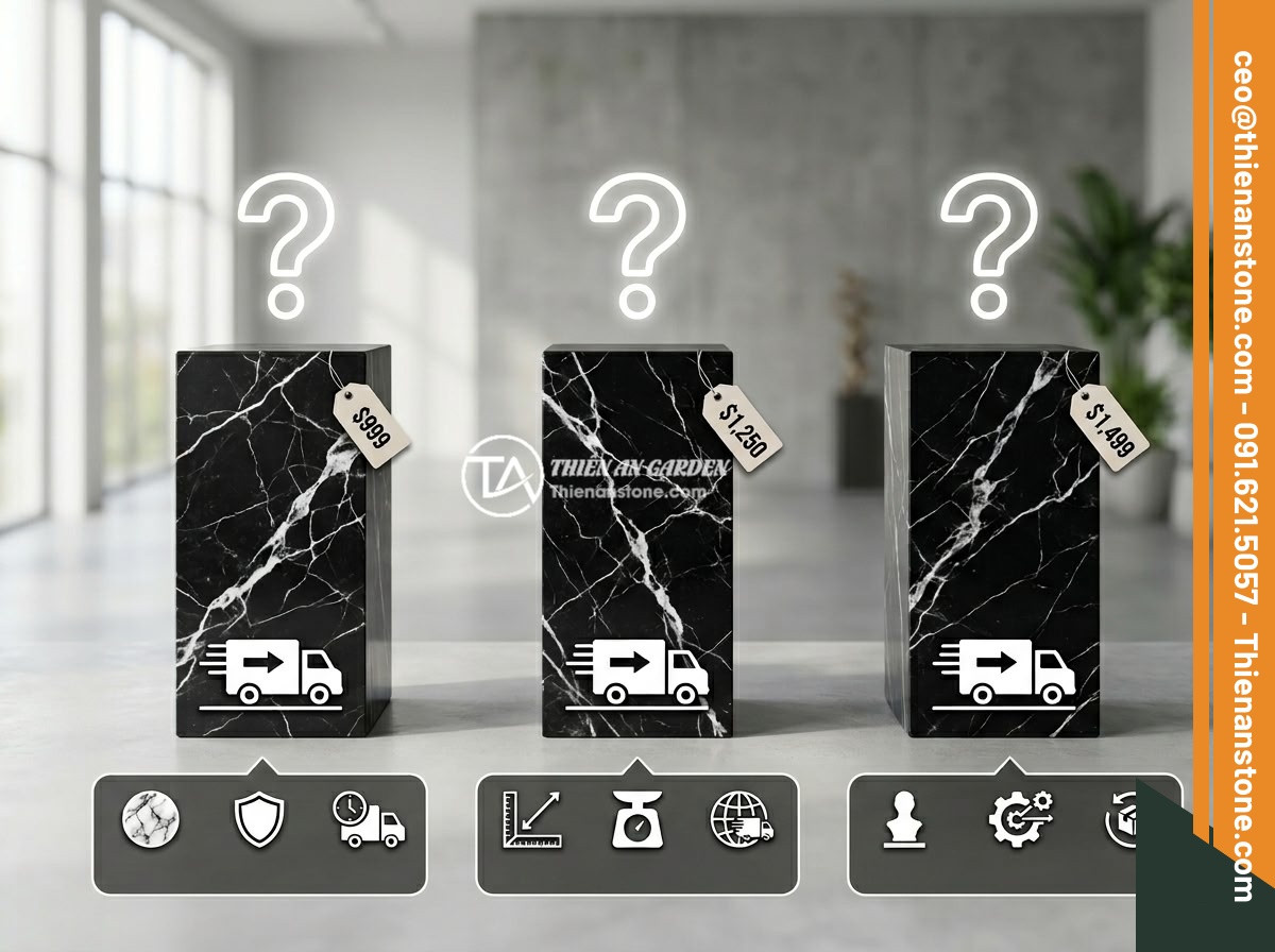 Giá đôn đá tự nhiên bao nhiêu tiền? Bảng báo giá cập nhật chi tiết 2026 - A frequently asked questions concept image showing various natural stone pedesta