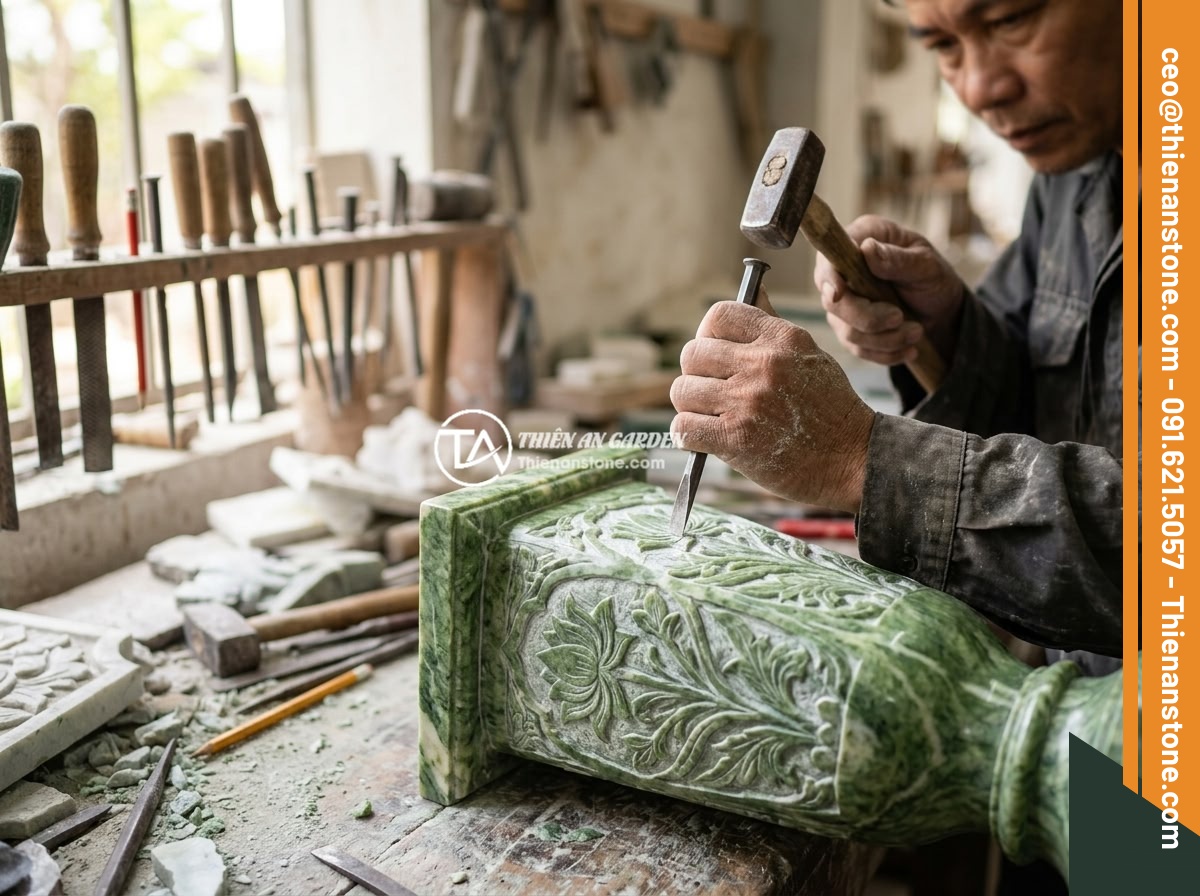 Giá đôn đá tự nhiên bao nhiêu tiền? Bảng báo giá cập nhật chi tiết 2026 - Close-up of a skilled artisan hand-carving intricate traditional Vietnamese patt
