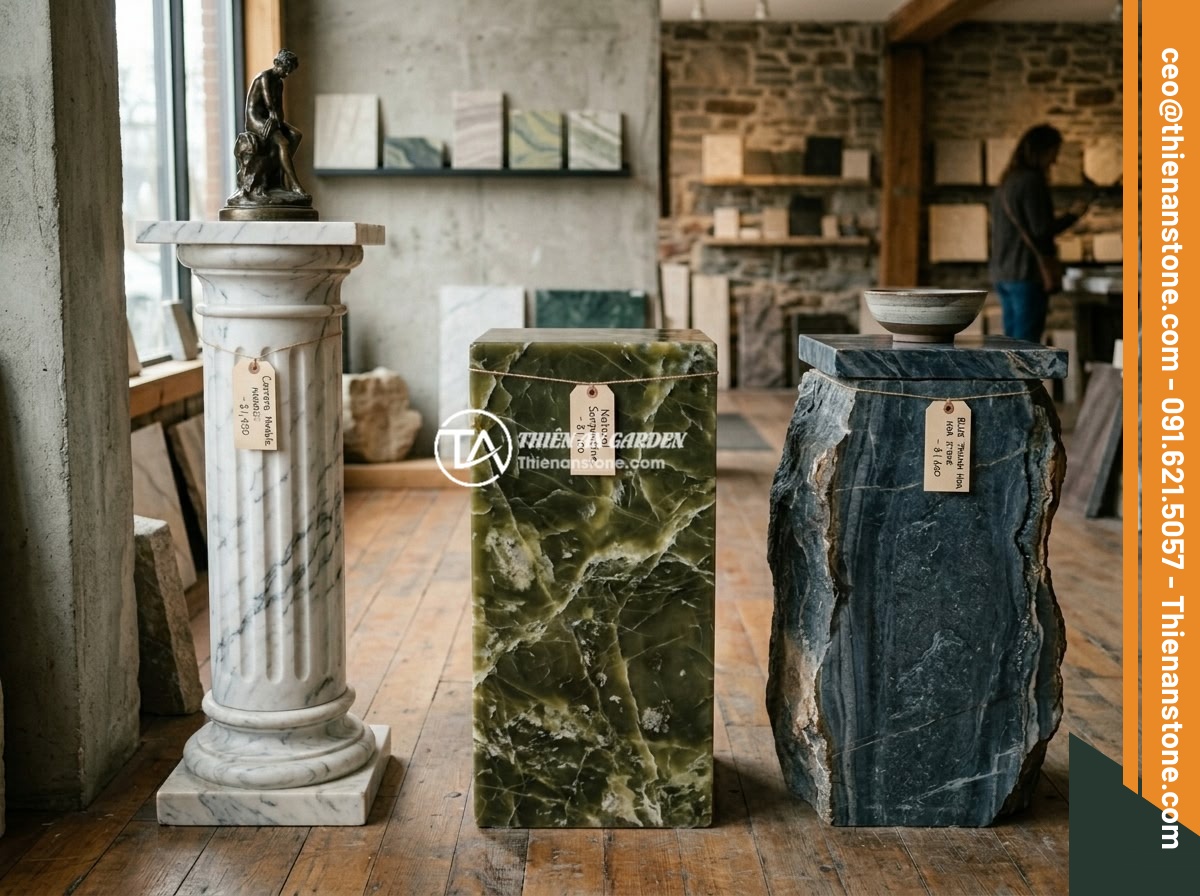 Giá đôn đá tự nhiên bao nhiêu tiền? Bảng báo giá cập nhật chi tiết 2026 - A comparison display of different types of natural stone pedestals including whi