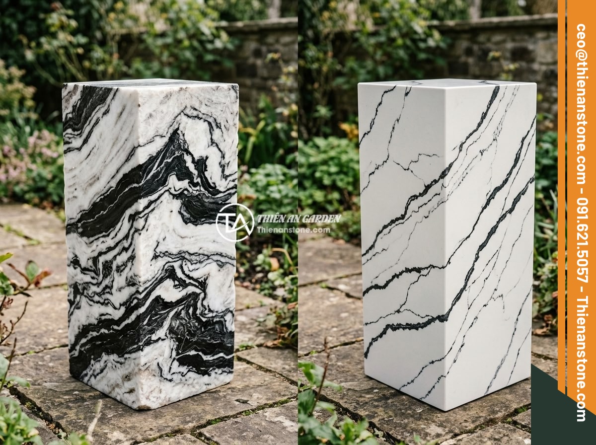 Giá đôn đá tự nhiên bao nhiêu tiền? Bảng báo giá cập nhật chi tiết 2026 - Side by side comparison of a genuine natural stone pedestal and an artificial st