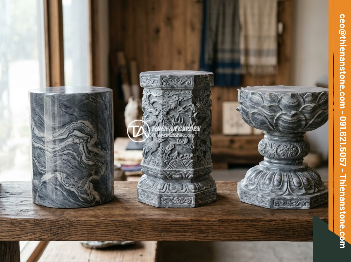 Giá đôn đá tự nhiên bao nhiêu tiền? Bảng báo giá cập nhật chi tiết 2026 - Three different popular models of natural stone pedestals displayed together: a 