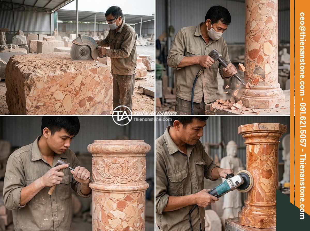 Giá đôn đá tự nhiên bao nhiêu tiền? Bảng báo giá cập nhật chi tiết 2026 - Step-by-step production process of a natural stone pedestal in a traditional Vie