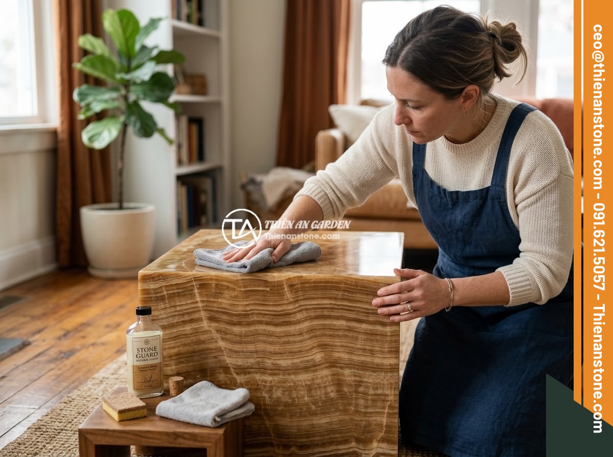 Giá đôn đá tự nhiên bao nhiêu tiền? Bảng báo giá cập nhật chi tiết 2026 - A person carefully cleaning and maintaining a natural stone pedestal indoors wit