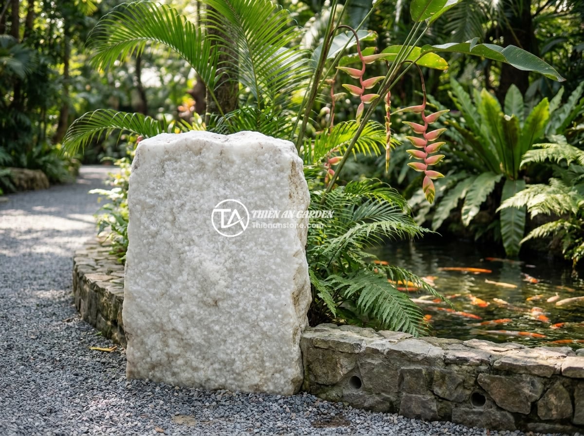 Hướng dẫn bảo dưỡng và vệ sinh bảng hiệu đá tự nhiên đúng cách theo từng mùa - Hình 11 Hướng dẫn bảo dưỡng và vệ sinh bảng hiệu đá tự nhiên đúng cách theo từng mùa - An elegant natural stone signboard placed at the entrance of a luxury resort gar