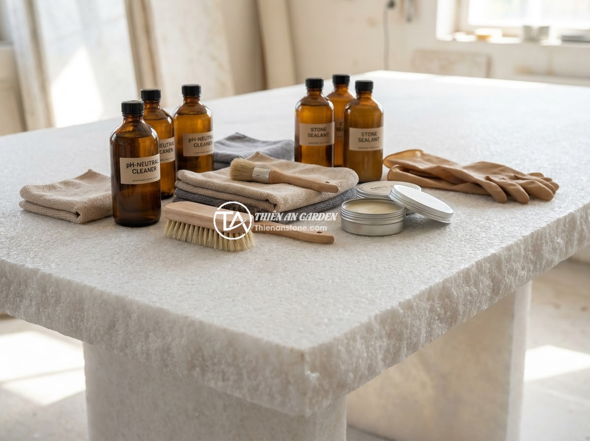 Hướng dẫn bảo dưỡng và vệ sinh bảng hiệu đá tự nhiên đúng cách theo từng mùa - Hình 7 Hướng dẫn bảo dưỡng và vệ sinh bảng hiệu đá tự nhiên đúng cách theo từng mùa - A collection of professional stone cleaning supplies including pH-neutral cleane