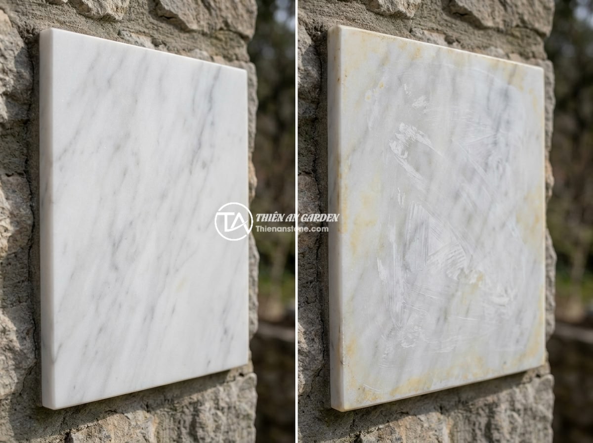 Hướng dẫn bảo dưỡng và vệ sinh bảng hiệu đá tự nhiên đúng cách theo từng mùa - Hình 8 Hướng dẫn bảo dưỡng và vệ sinh bảng hiệu đá tự nhiên đúng cách theo từng mùa - Before and after comparison of a natural stone signboard, showing damage caused