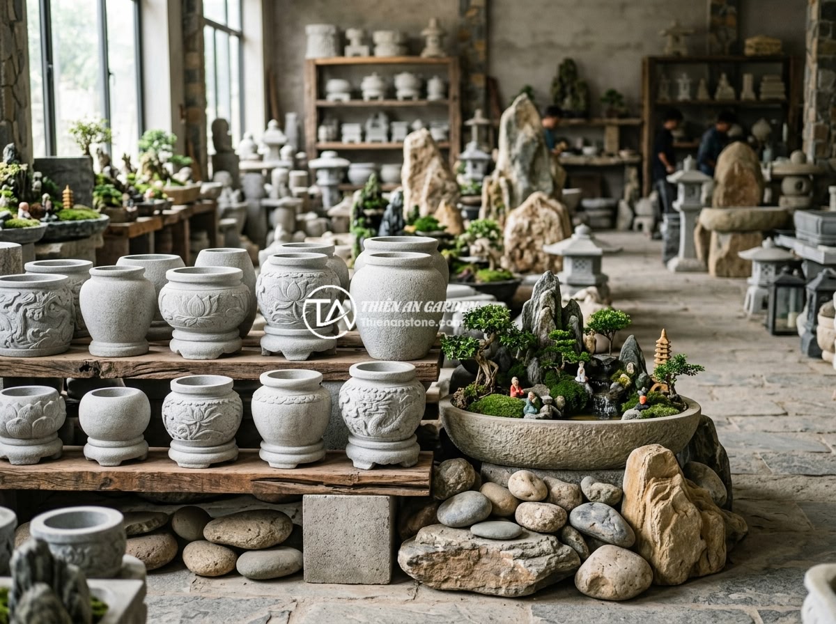 Hướng dẫn chi tiết kết hợp chum đá phong thủy trong thiết kế non bộ và sân vườn phong thủy - The showroom of Da Canh Thien An stone company displaying a wide collection of f