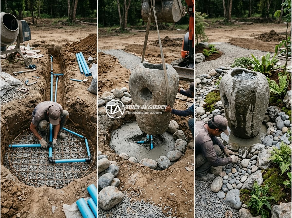 Hướng dẫn chi tiết kết hợp chum đá phong thủy trong thiết kế non bộ và sân vườn phong thủy - A step-by-step construction process of a feng shui garden with stone urn install