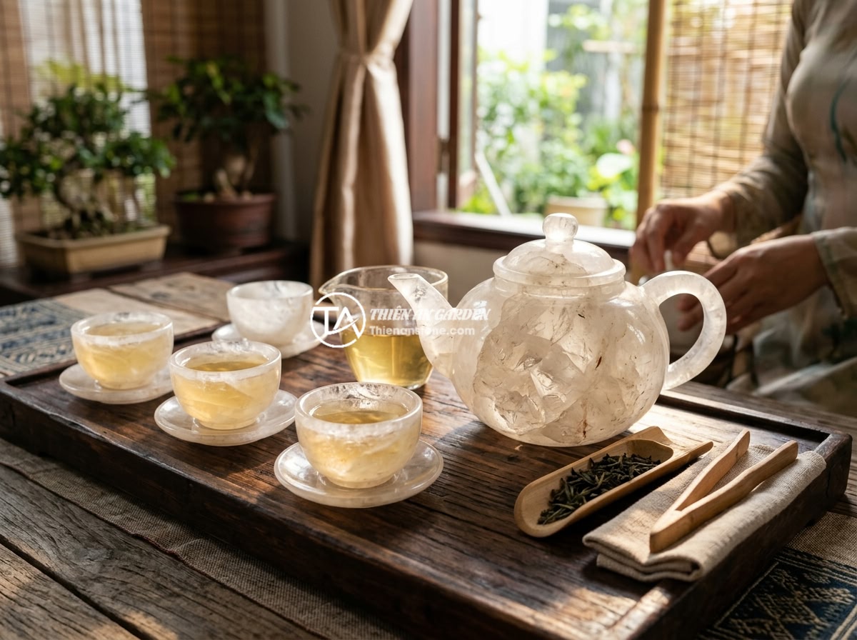 Hướng dẫn chi tiết sử dụng và khai thác năng lượng từ ấm chén đá thạch anh - Hình 1 Hướng dẫn chi tiết sử dụng và khai thác năng lượng từ ấm chén đá thạch anh - A beautiful quartz stone tea set with transparent white quartz teapot and cups a