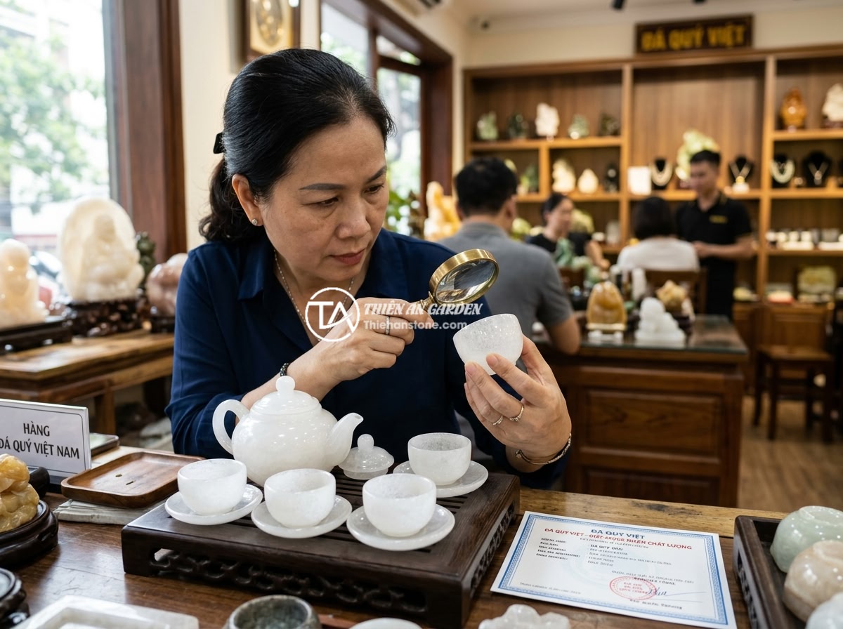Hướng dẫn chi tiết sử dụng và khai thác năng lượng từ ấm chén đá thạch anh - Hình 10 Hướng dẫn chi tiết sử dụng và khai thác năng lượng từ ấm chén đá thạch anh - A customer carefully examining a quartz crystal tea set at a reputable stone cra