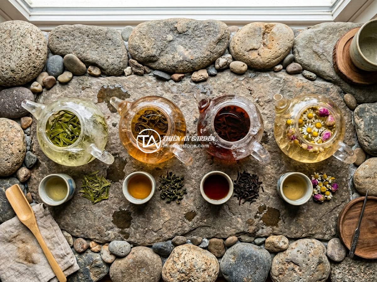 Hướng dẫn chi tiết sử dụng và khai thác năng lượng từ ấm chén đá thạch anh - Hình 11 Hướng dẫn chi tiết sử dụng và khai thác năng lượng từ ấm chén đá thạch anh - Various types of tea being brewed in quartz crystal teapots, including green tea