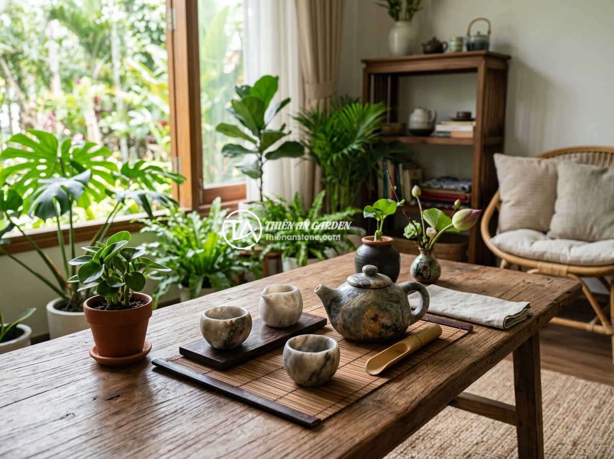 Hướng dẫn chi tiết sử dụng và khai thác năng lượng từ ấm chén đá thạch anh - Hình 3 Hướng dẫn chi tiết sử dụng và khai thác năng lượng từ ấm chén đá thạch anh - A quartz stone tea set beautifully placed on a natural wooden table in a bright