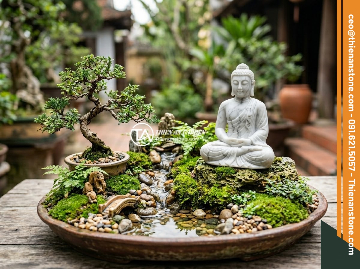Hướng Dẫn Chọn Chất Liệu Đá Làm Tượng Phật Mini Cho Tiểu Cảnh - Hình 1 Hướng Dẫn Chọn Chất Liệu Đá Làm Tượng Phật Mini Cho Tiểu Cảnh - A beautiful mini Buddha statue carved from natural white marble stone placed in