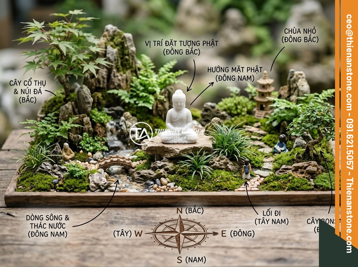 Hướng Dẫn Chọn Chất Liệu Đá Làm Tượng Phật Mini Cho Tiểu Cảnh - Hình 10 Hướng Dẫn Chọn Chất Liệu Đá Làm Tượng Phật Mini Cho Tiểu Cảnh - A feng shui diagram showing the ideal placement direction and position of a mini