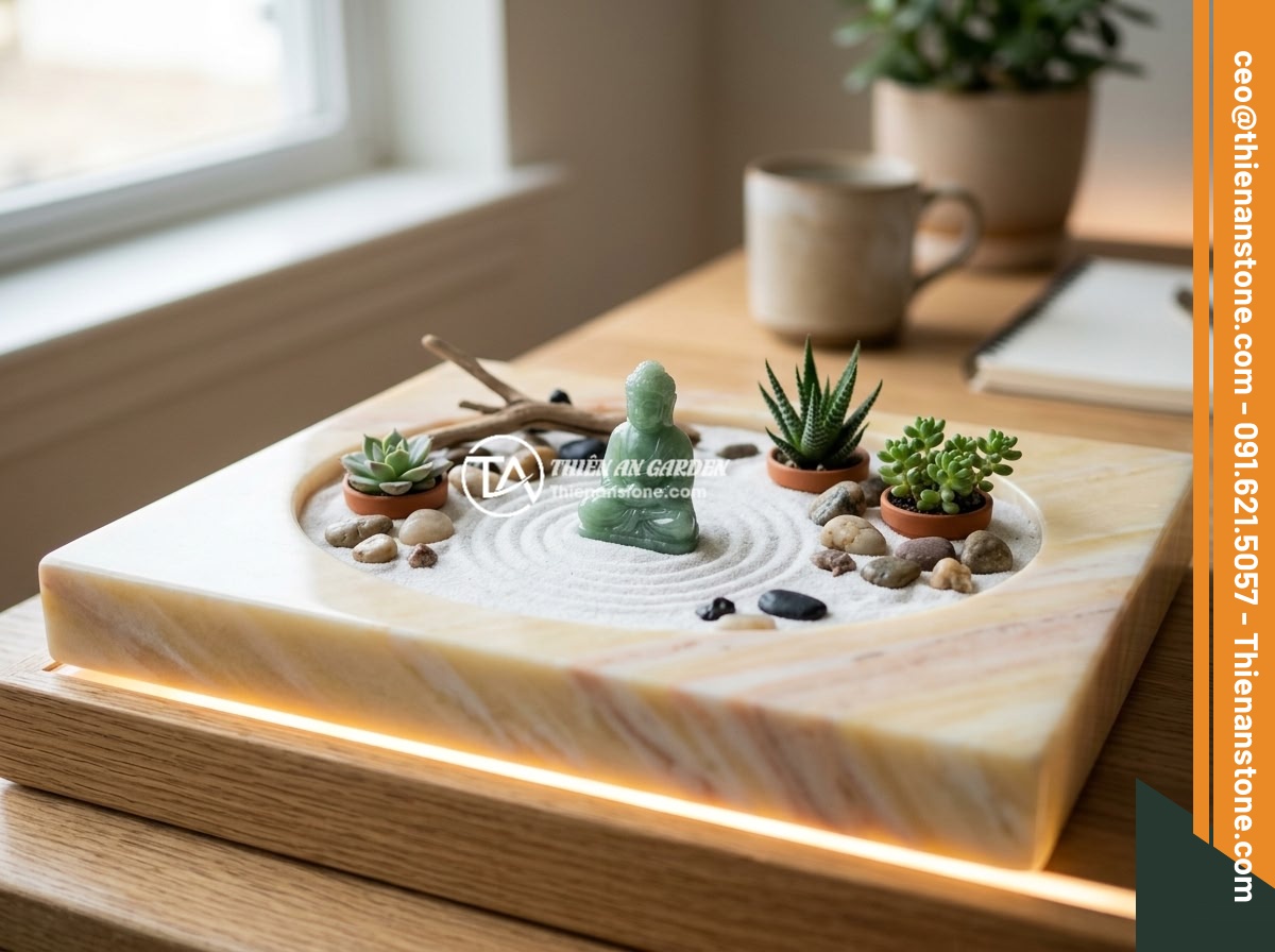 Hướng Dẫn Chọn Chất Liệu Đá Làm Tượng Phật Mini Cho Tiểu Cảnh - Hình 11 Hướng Dẫn Chọn Chất Liệu Đá Làm Tượng Phật Mini Cho Tiểu Cảnh - A modern minimalist desk-top micro landscape featuring a tiny jade mini Buddha s