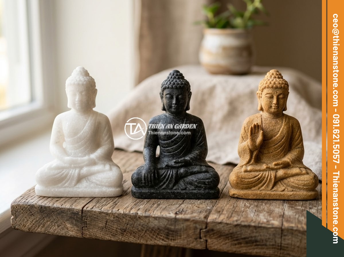 Hướng Dẫn Chọn Chất Liệu Đá Làm Tượng Phật Mini Cho Tiểu Cảnh - Hình 2 Hướng Dẫn Chọn Chất Liệu Đá Làm Tượng Phật Mini Cho Tiểu Cảnh - Three different mini Buddha statues side by side made from white marble, black g