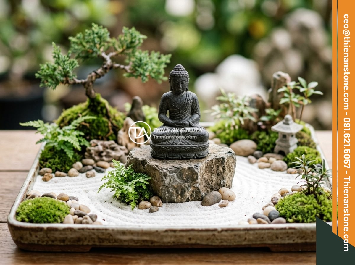 Hướng Dẫn Chọn Chất Liệu Đá Làm Tượng Phật Mini Cho Tiểu Cảnh - Hình 4 Hướng Dẫn Chọn Chất Liệu Đá Làm Tượng Phật Mini Cho Tiểu Cảnh - An exquisite mini Buddha statue carved from dark basalt stone placed on a natura