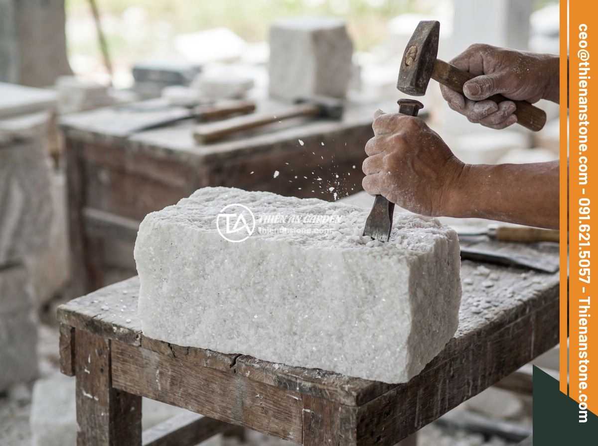 Hướng Dẫn Chọn Chất Liệu Đá Làm Tượng Phật Mini Cho Tiểu Cảnh - Hình 6 Hướng Dẫn Chọn Chất Liệu Đá Làm Tượng Phật Mini Cho Tiểu Cảnh - Step by step process of carving a mini Buddha statue from raw natural stone bloc