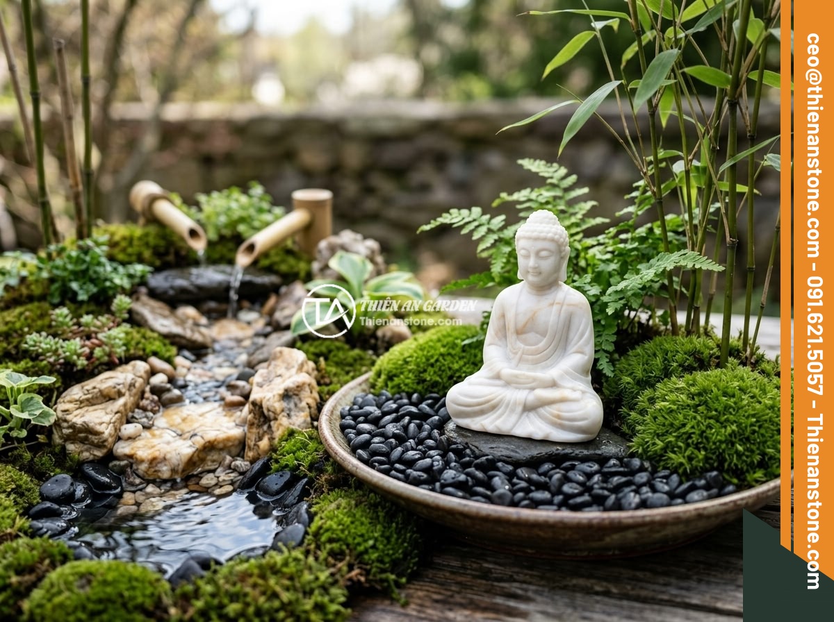 Hướng Dẫn Chọn Chất Liệu Đá Làm Tượng Phật Mini Cho Tiểu Cảnh - Hình 7 Hướng Dẫn Chọn Chất Liệu Đá Làm Tượng Phật Mini Cho Tiểu Cảnh - A complete miniature landscape design featuring a white marble mini Buddha statu