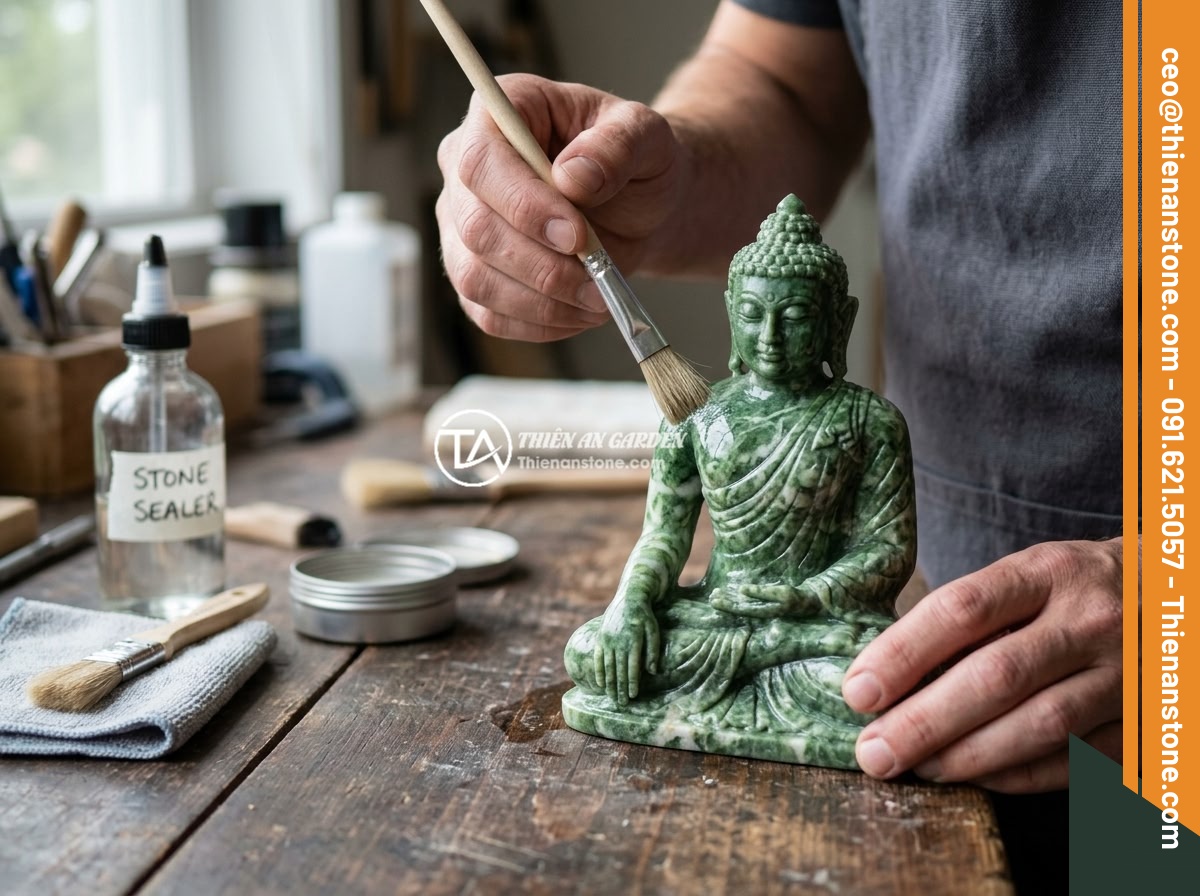 Hướng Dẫn Chọn Chất Liệu Đá Làm Tượng Phật Mini Cho Tiểu Cảnh - Hình 8 Hướng Dẫn Chọn Chất Liệu Đá Làm Tượng Phật Mini Cho Tiểu Cảnh - Close-up of a person applying stone sealer protective coating on a small sandsto