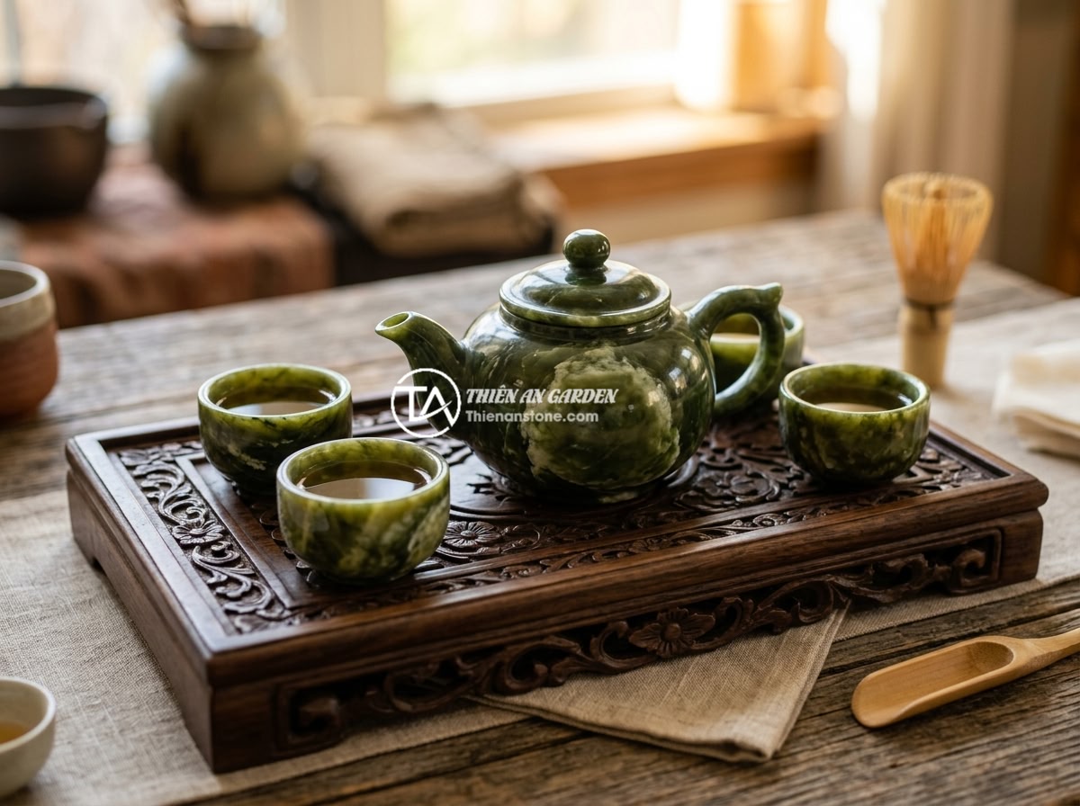 Hướng dẫn chọn mua bộ ấm chén bằng đá chất lượng cao năm 2026 - A luxurious natural stone tea set displayed on a carved wooden tea tray, featuri